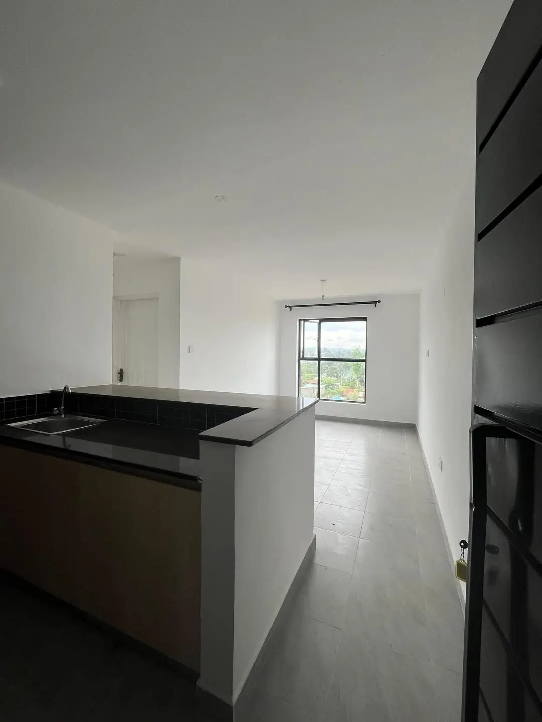 Open-plan kitchen with black countertop island, overlooking living area