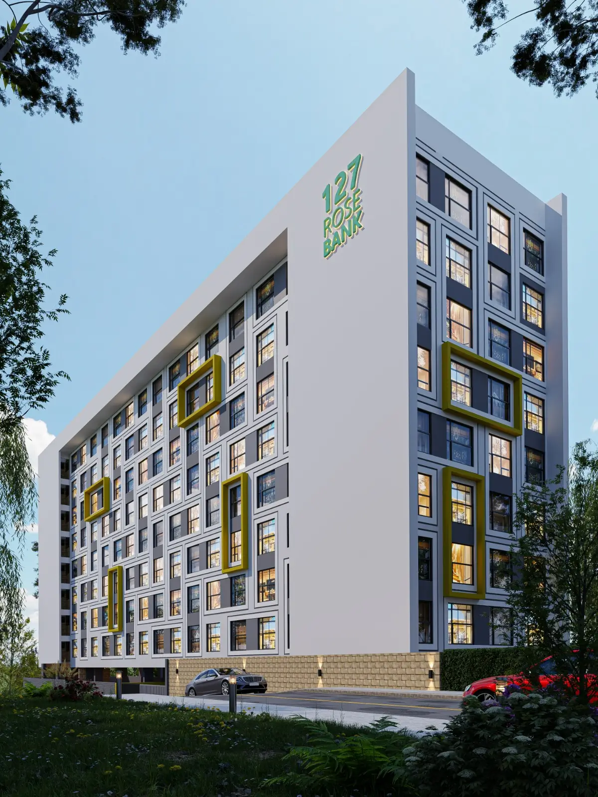127 Rosebank multi-storey apartment building facade with yellow accents