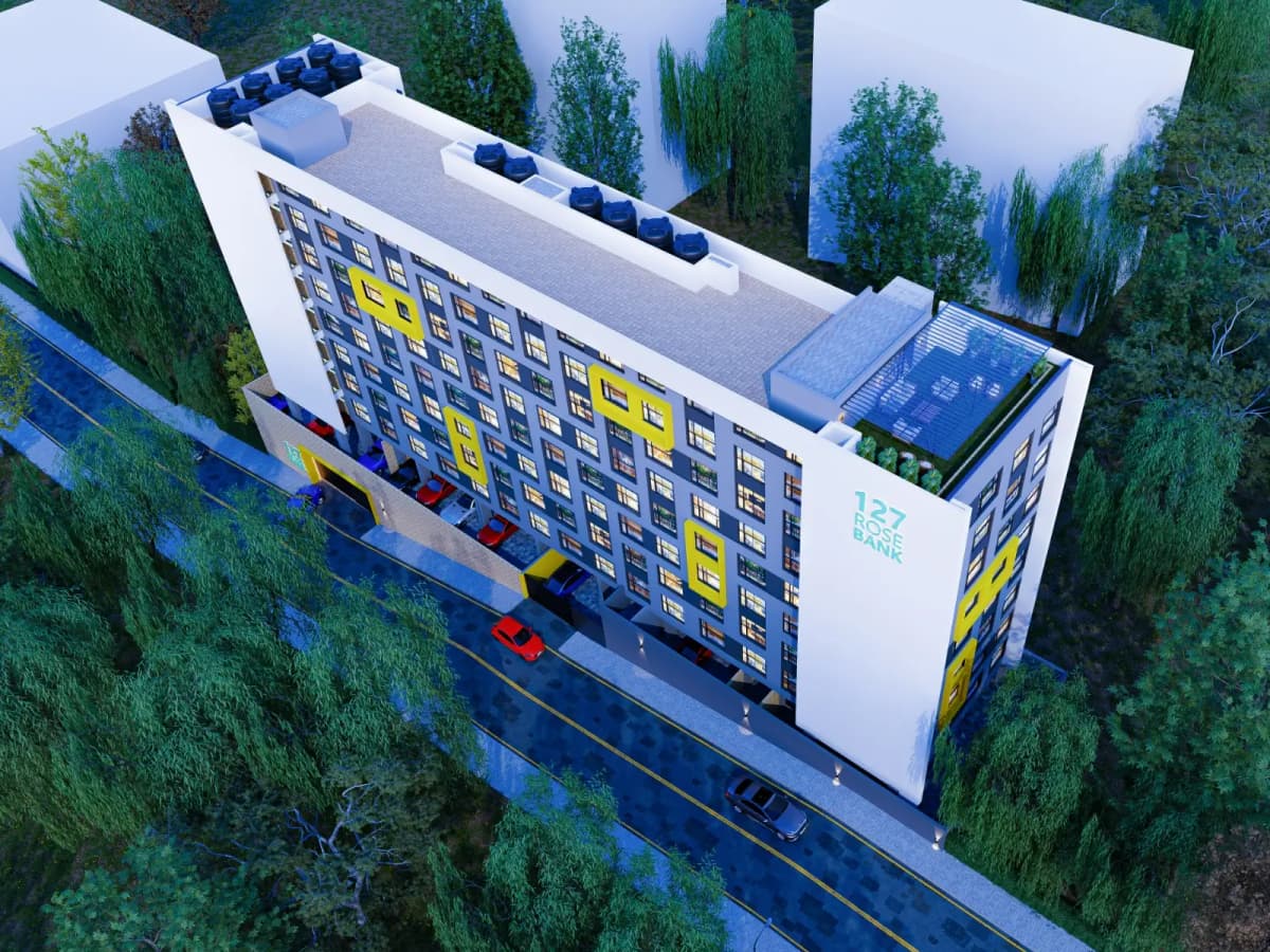 Aerial CGI render of 127 Rosebank apartment building
