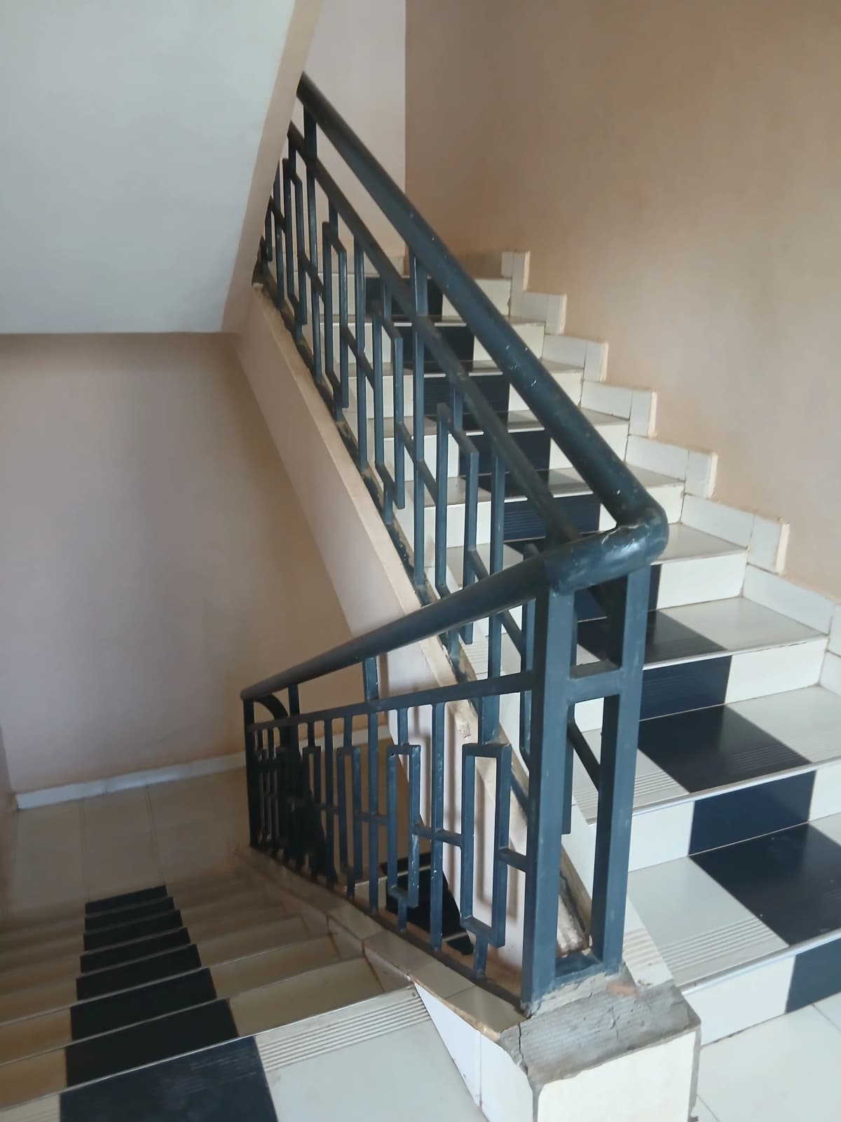 Curved staircase with black metal railings and white steps