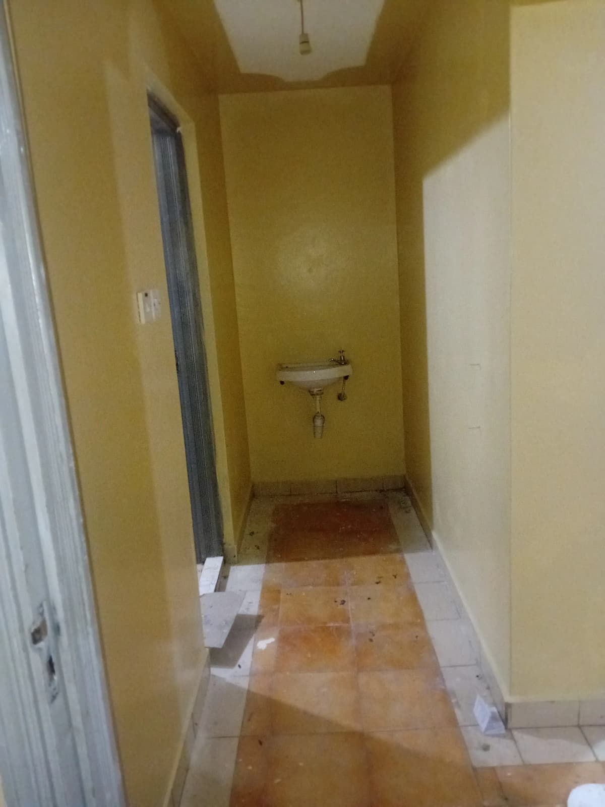 Narrow corridor with yellow walls and basic sink fixture