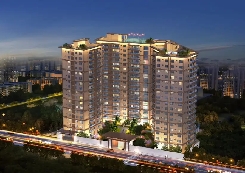 High-rise apartment building aerial night render with city backdrop