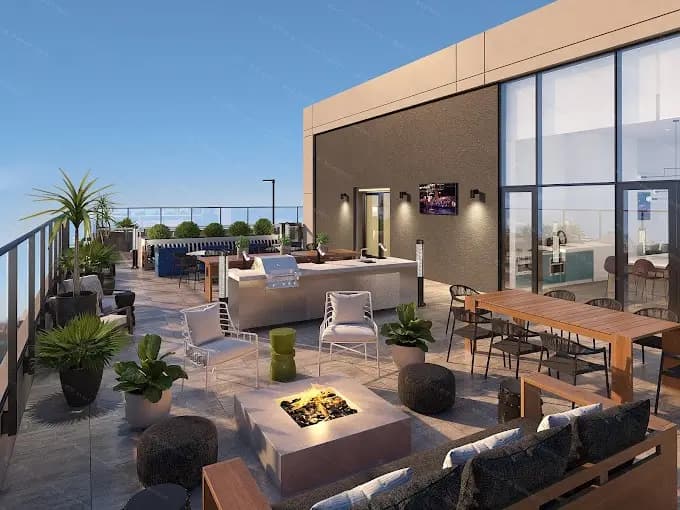 Rooftop terrace with fire pit, seating and outdoor kitchen