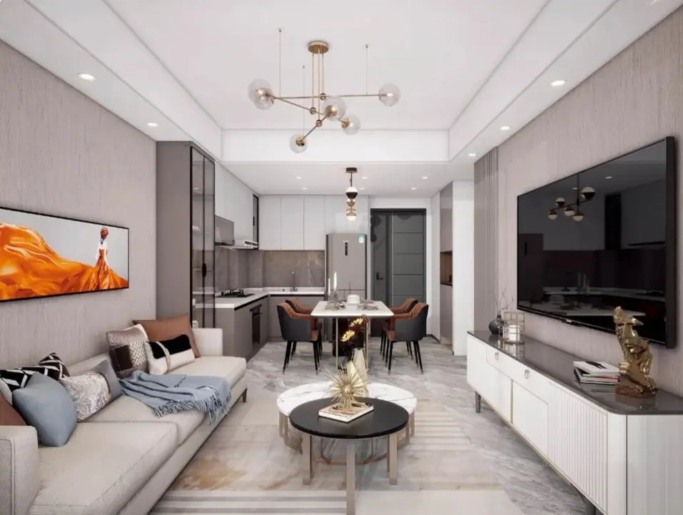 Modern open-plan living room with TV and sofa