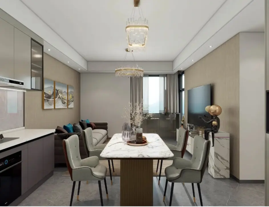 Elegant marble dining table with chandelier, open-plan layout