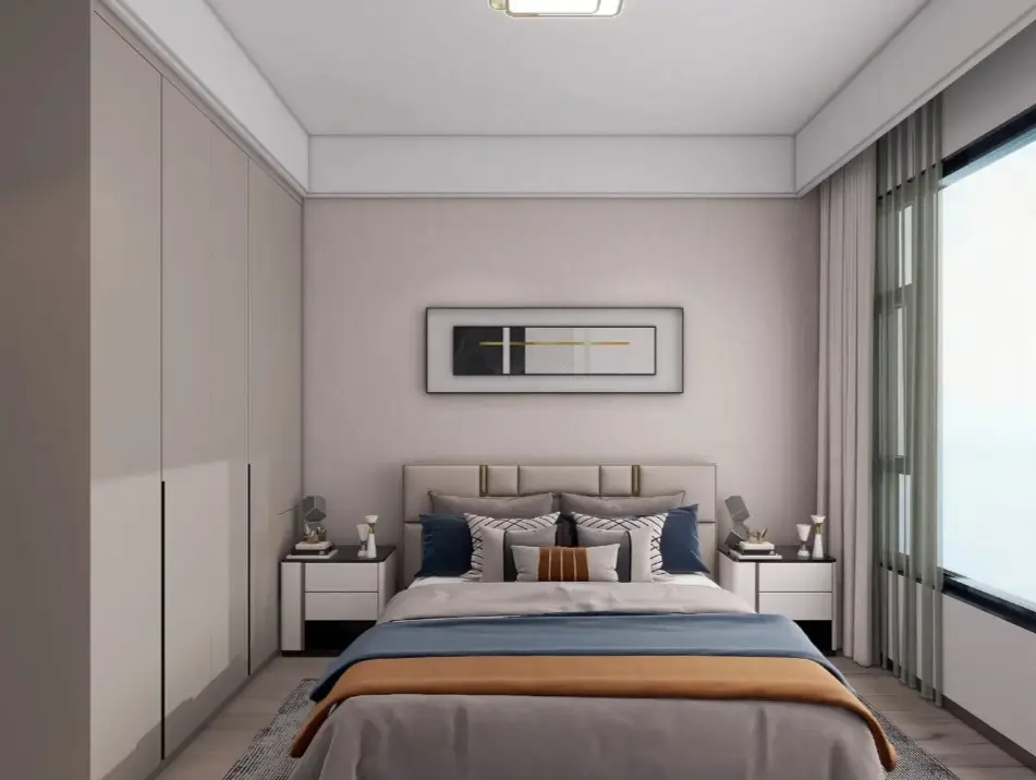 Modern master bedroom with beige upholstered headboard and wardrobe