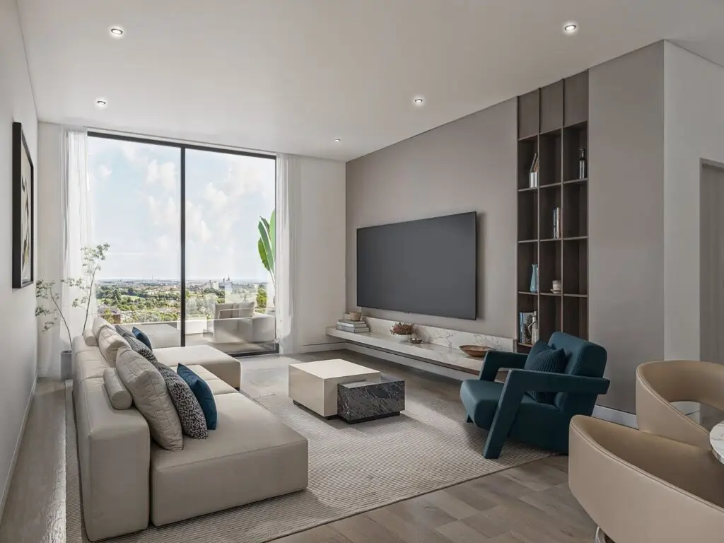 Modern living room with large TV wall and city view