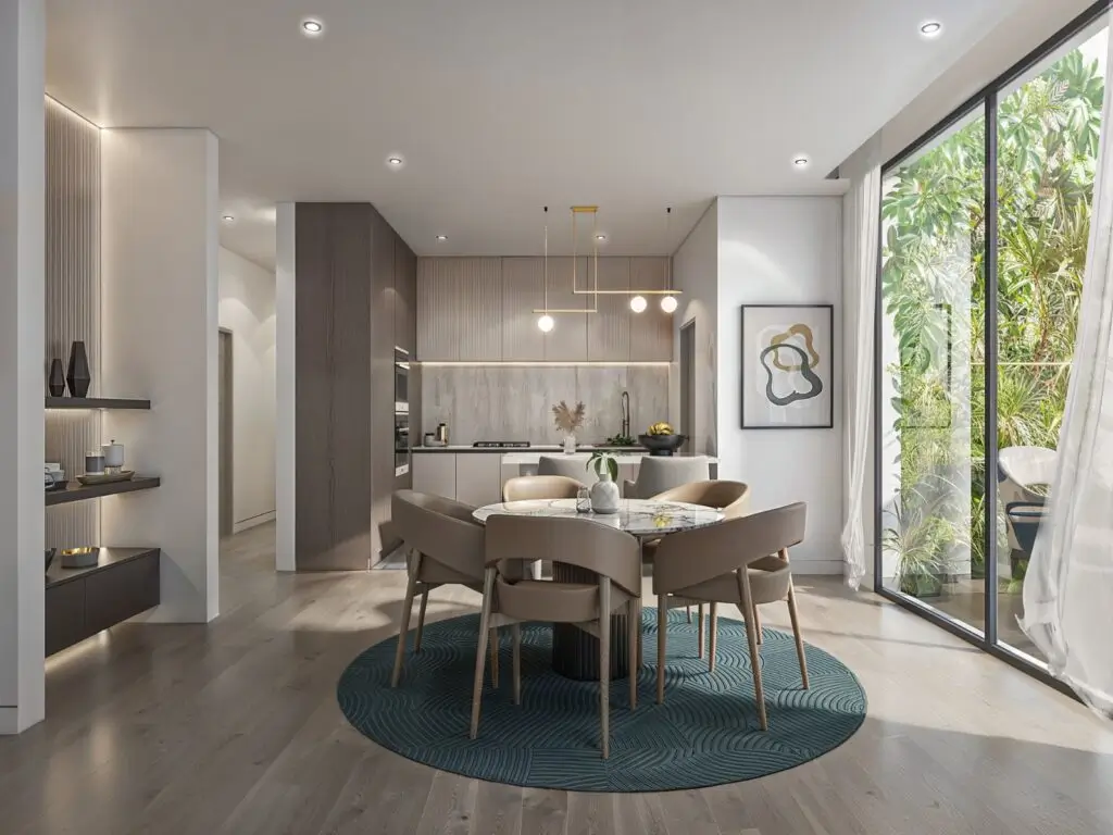 Modern open-plan dining area with round marble table