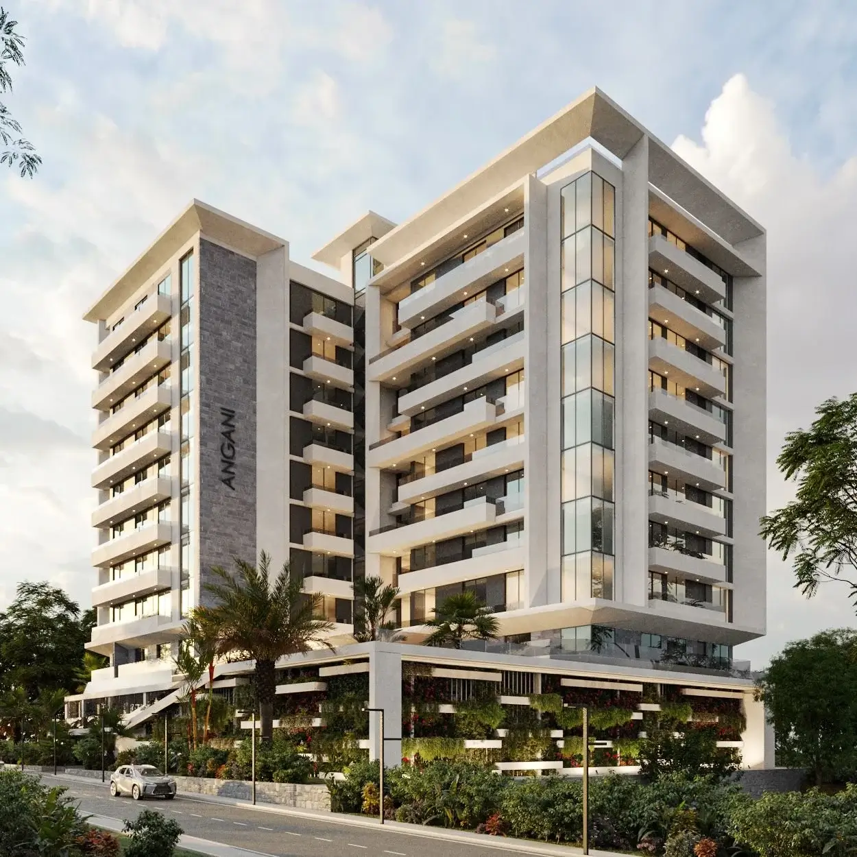 Modern multi-storey Angani apartment building with balconies