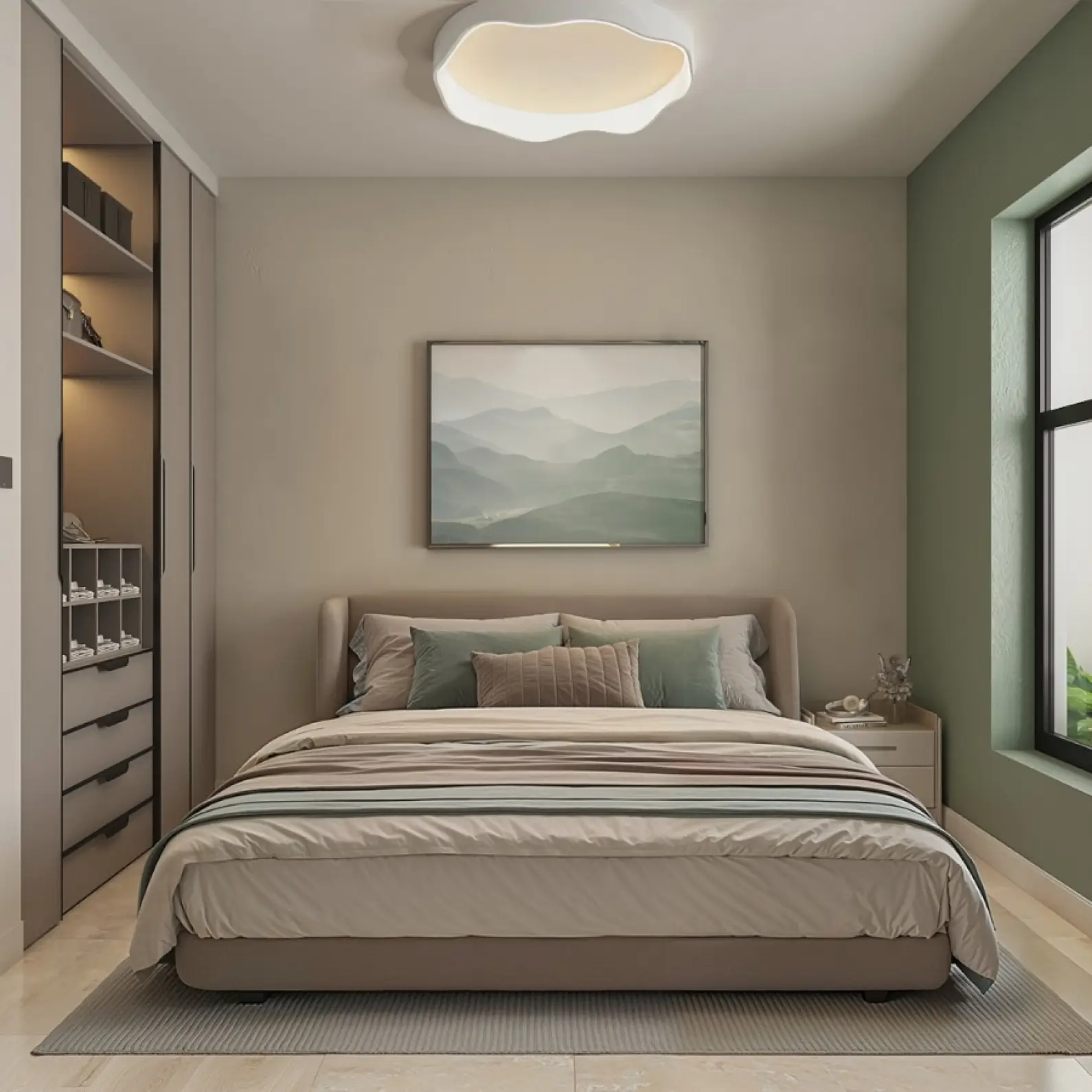 Serene bedroom with built-in wardrobe and cloud ceiling light