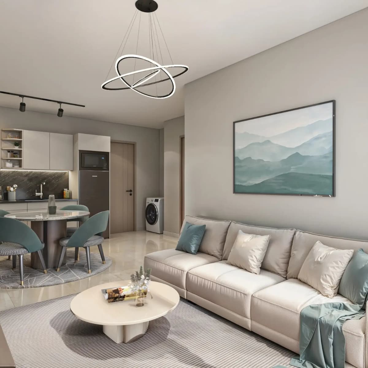 Modern open-plan lounge with beige sofa and pendant light