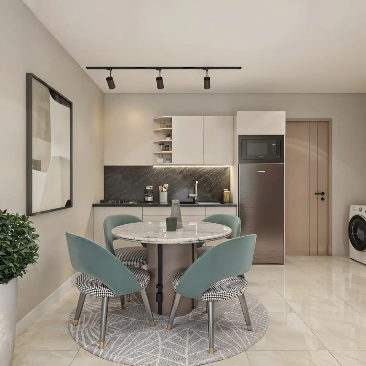 Round marble dining table with teal chairs, open kitchen