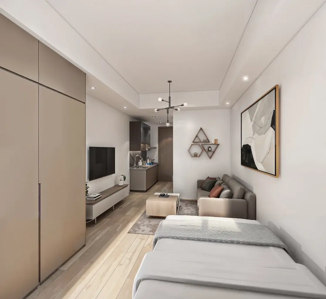 Modern studio with bed, sofa, TV and kitchenette