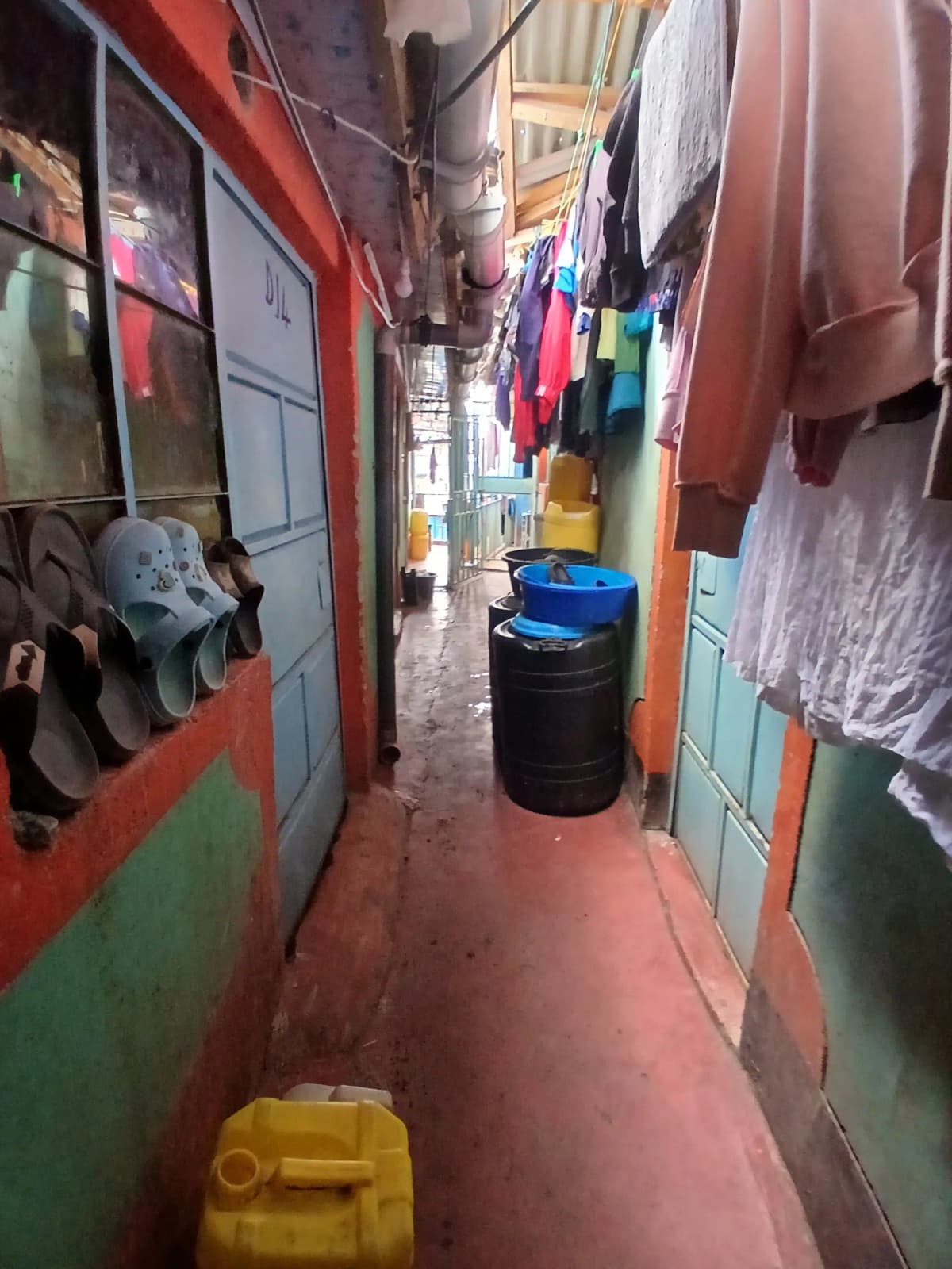 Narrow laundry utility area with clotheslines and storage containers