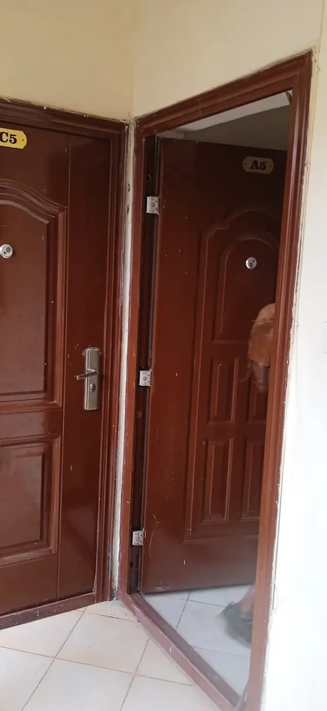 Building entrance corridor with maroon wooden doors