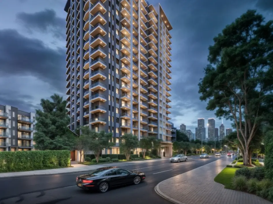 Tall modern apartment tower with balconies at dusk