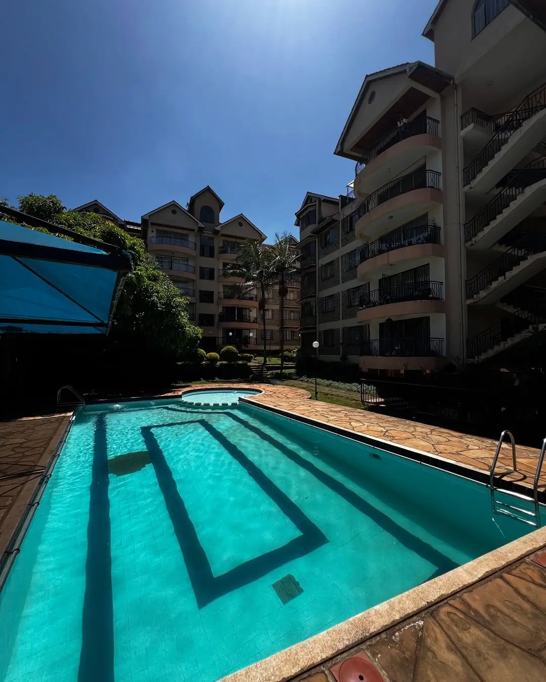 Olympic-size swimming pool with lane markings in compound