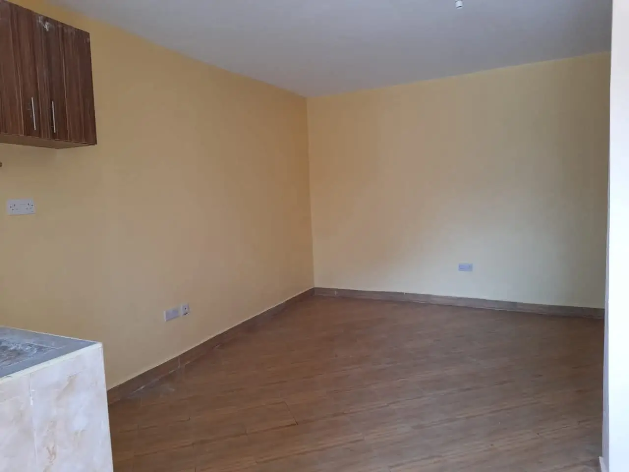 Open kitchen with cream walls and wooden flooring