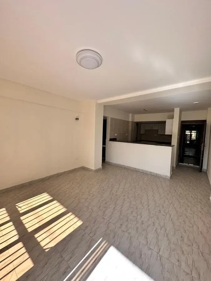 Open-plan living area with kitchen partition and natural light