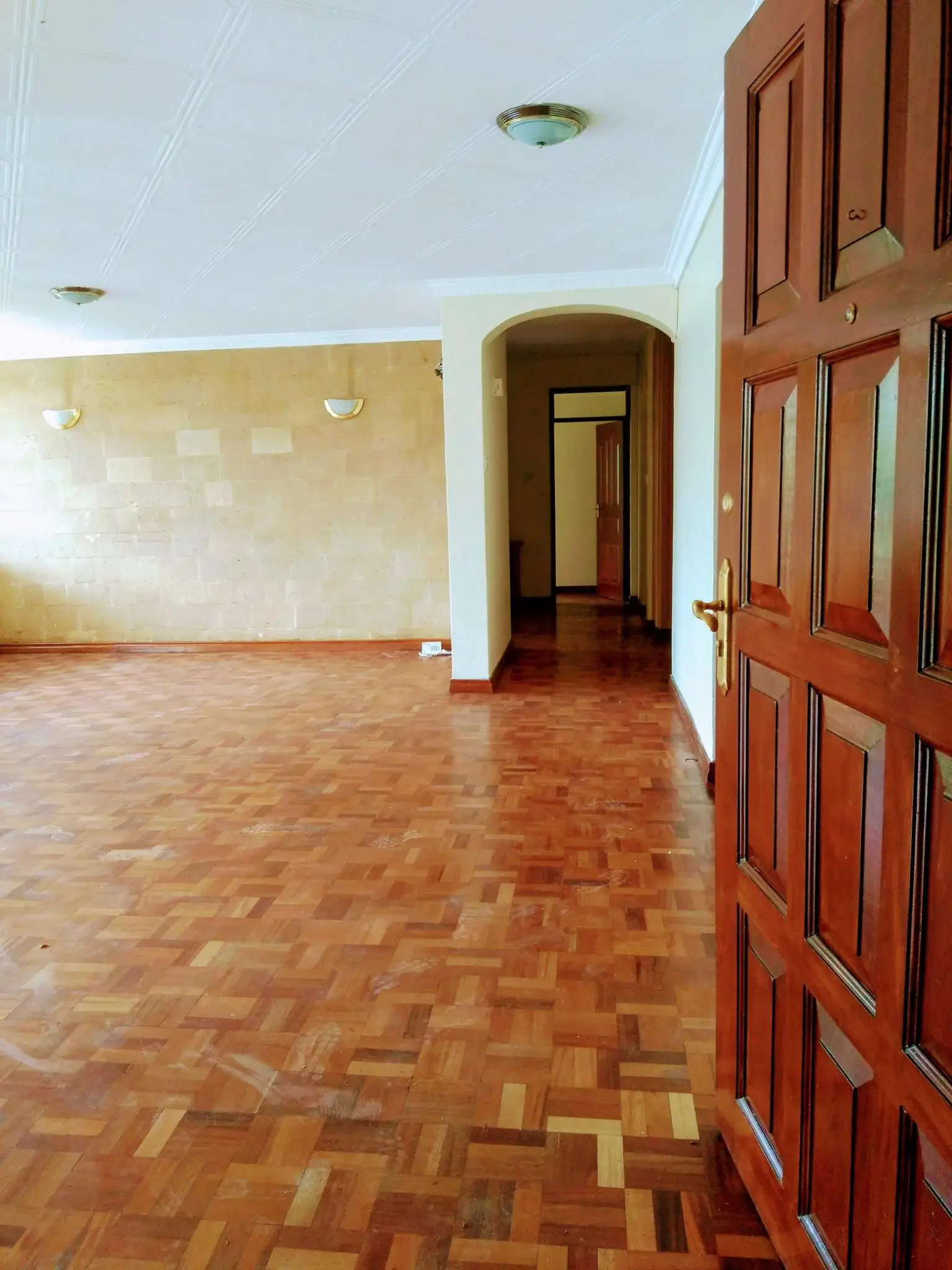 Spacious living room with herringbone wood flooring and archway