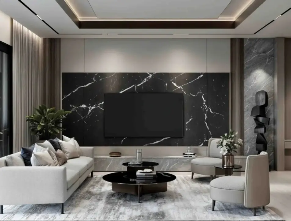 Luxury living room with black marble TV feature wall
