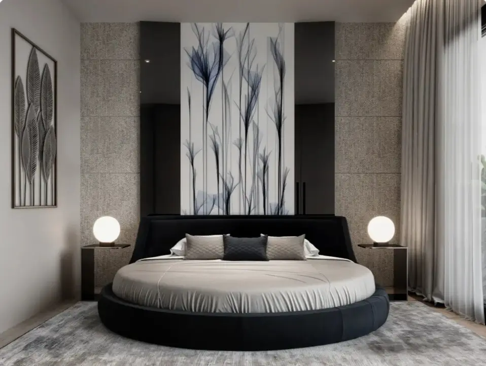 Luxury master bedroom with circular black bed and floral mural