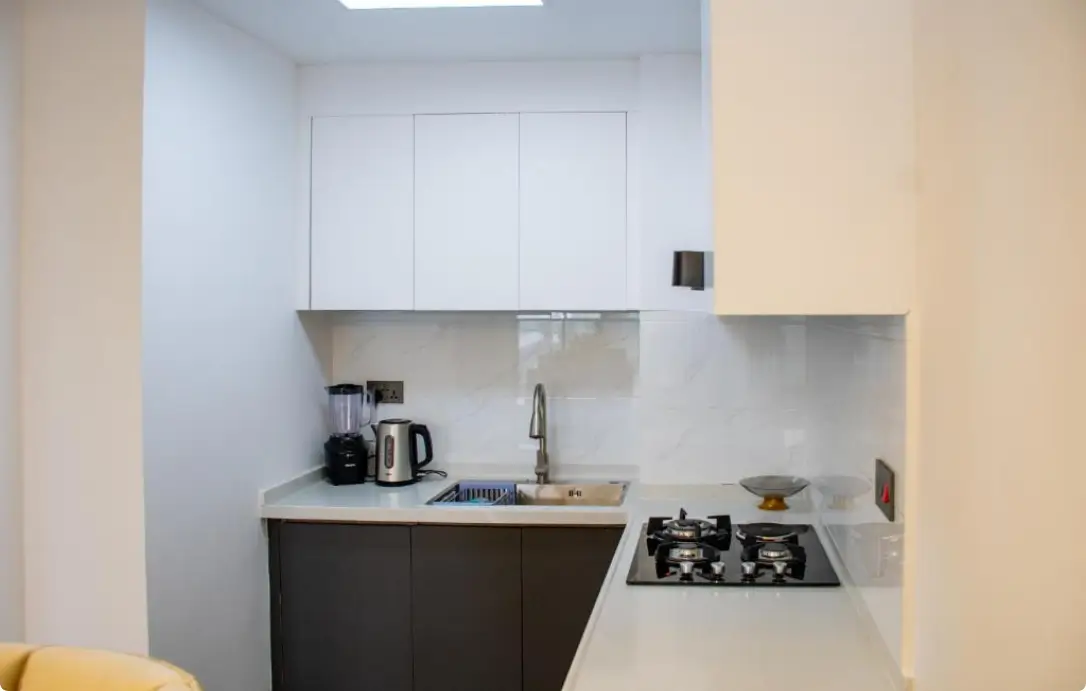 Compact modern kitchen with gas cooktop and white cabinetry
