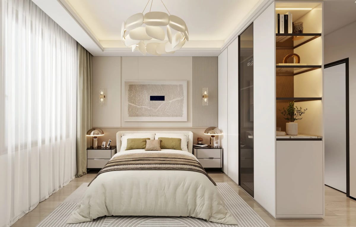 Elegant master bedroom with built-in wardrobe and chandelier