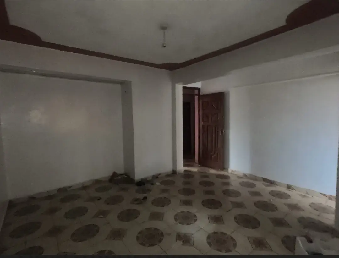 Empty living room with patterned floor and wooden door