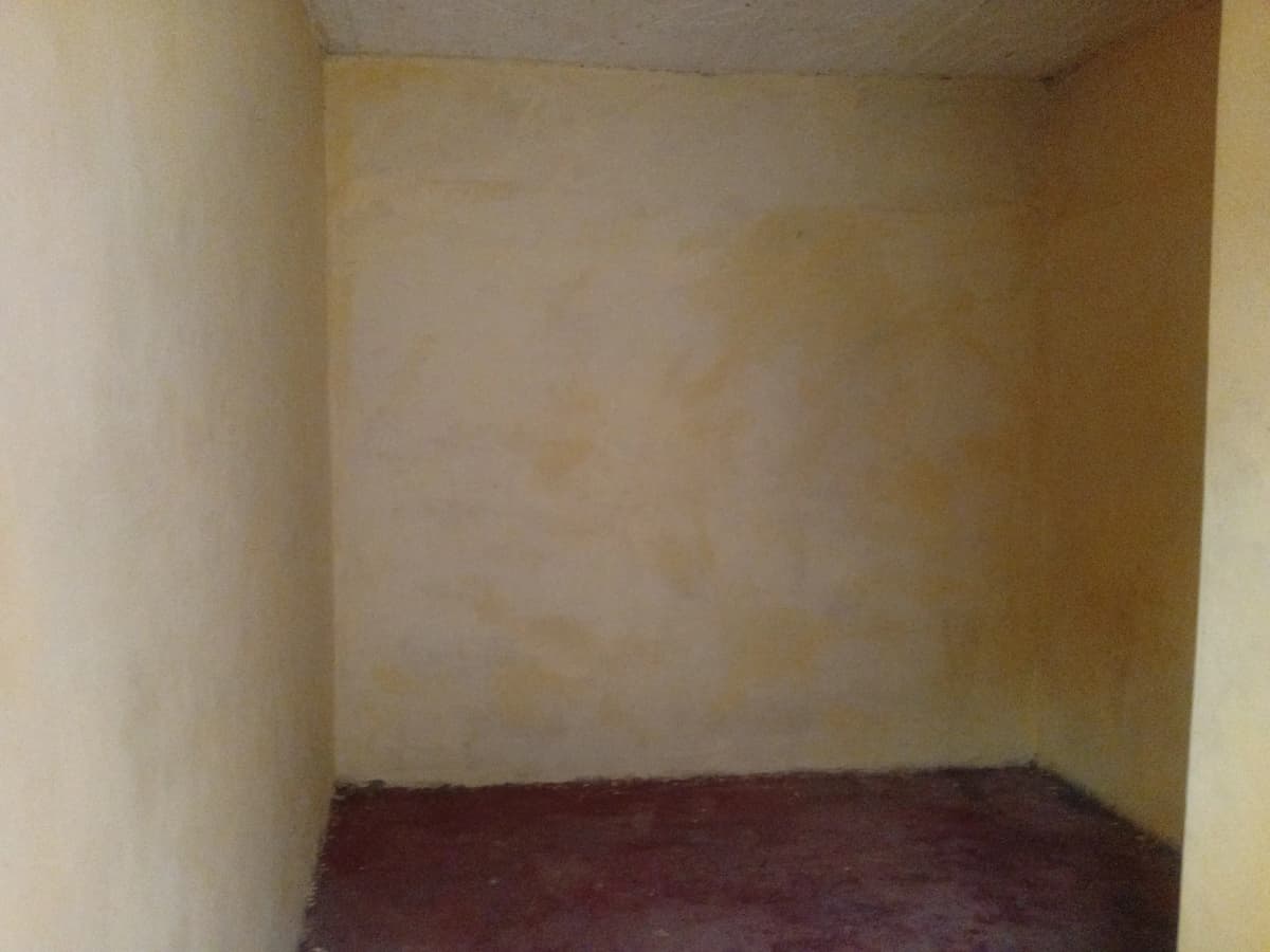 Empty bedroom with beige walls and dark flooring
