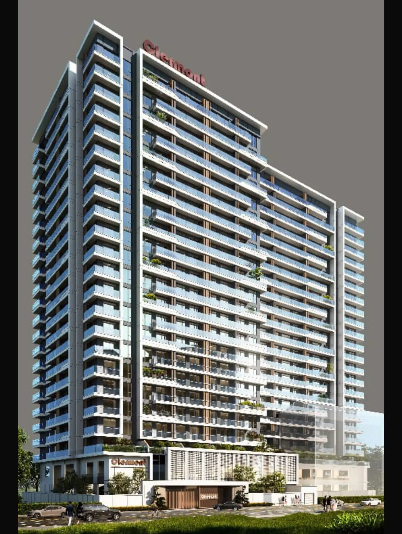 Clement high-rise apartment tower CGI render, full facade
