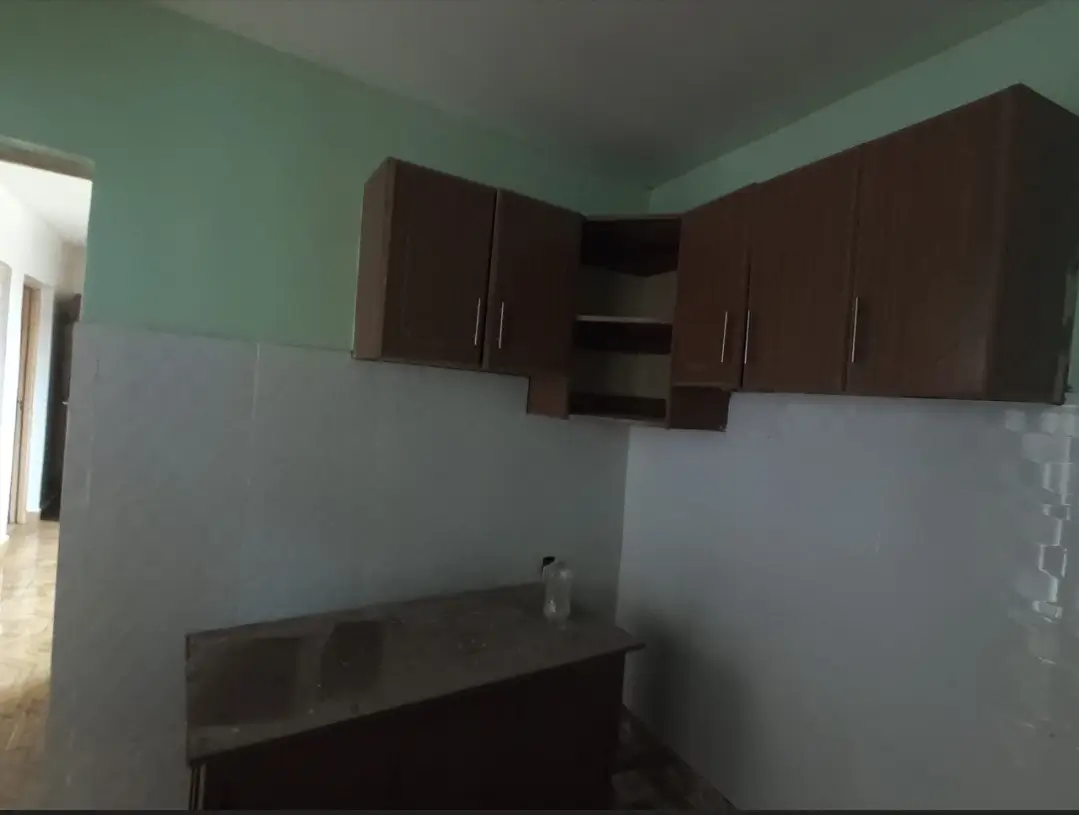 Compact kitchen with dark cabinetry and turquoise walls