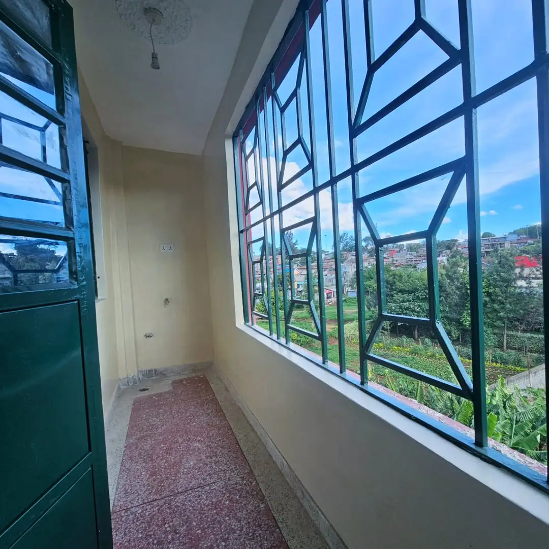 Enclosed balcony with panoramic city views and green framework windows