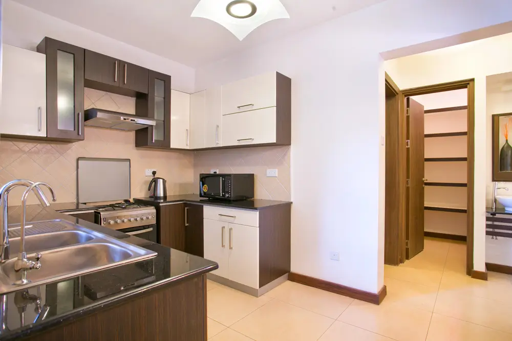 Modern kitchen with stainless steel sink, dark cabinetry, gas cooktop