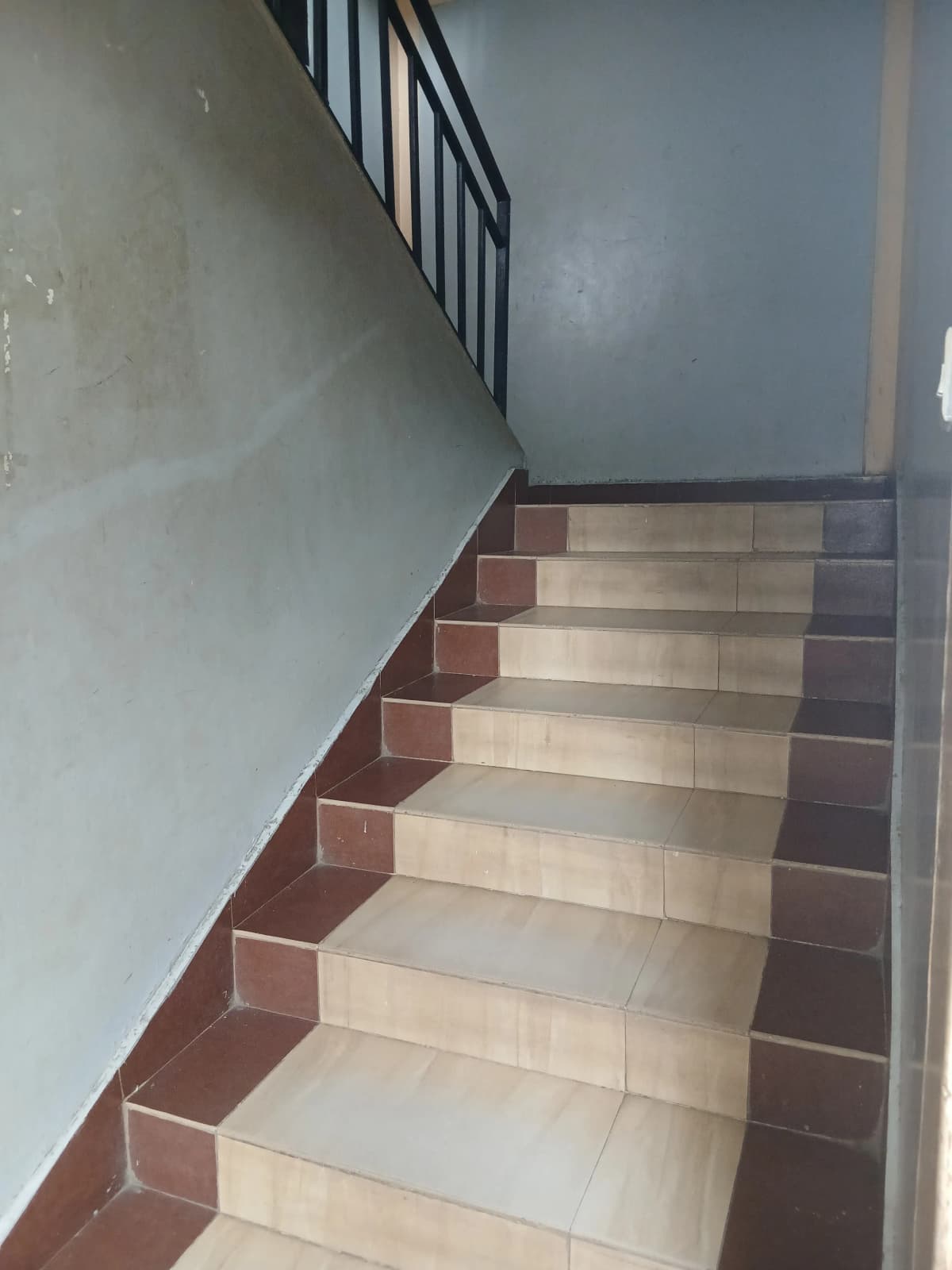 Internal staircase with tiled steps and metal railing