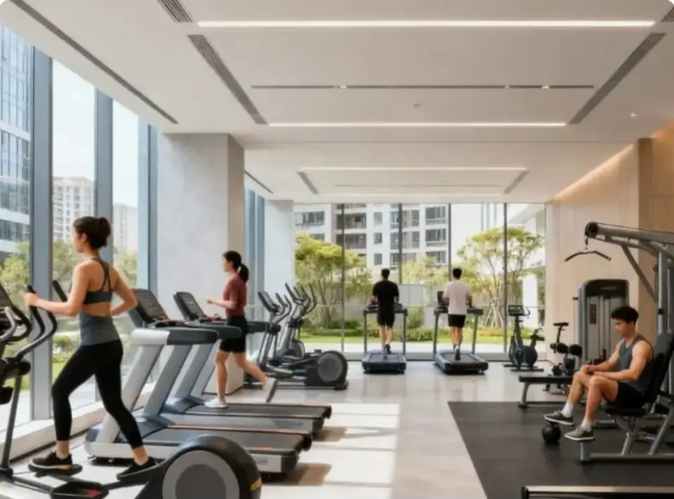 Spacious gym with treadmills and floor-to-ceiling windows