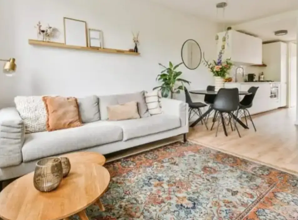Bright open-plan living room with boho rug and sofa