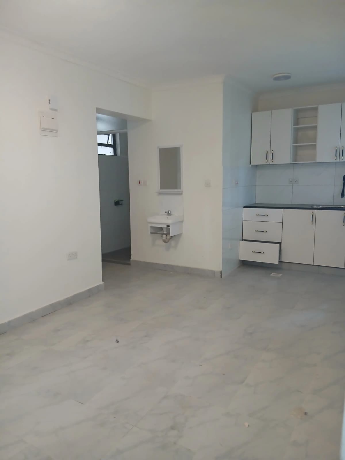 Open-plan kitchen and living area, white cabinetry, concrete flooring