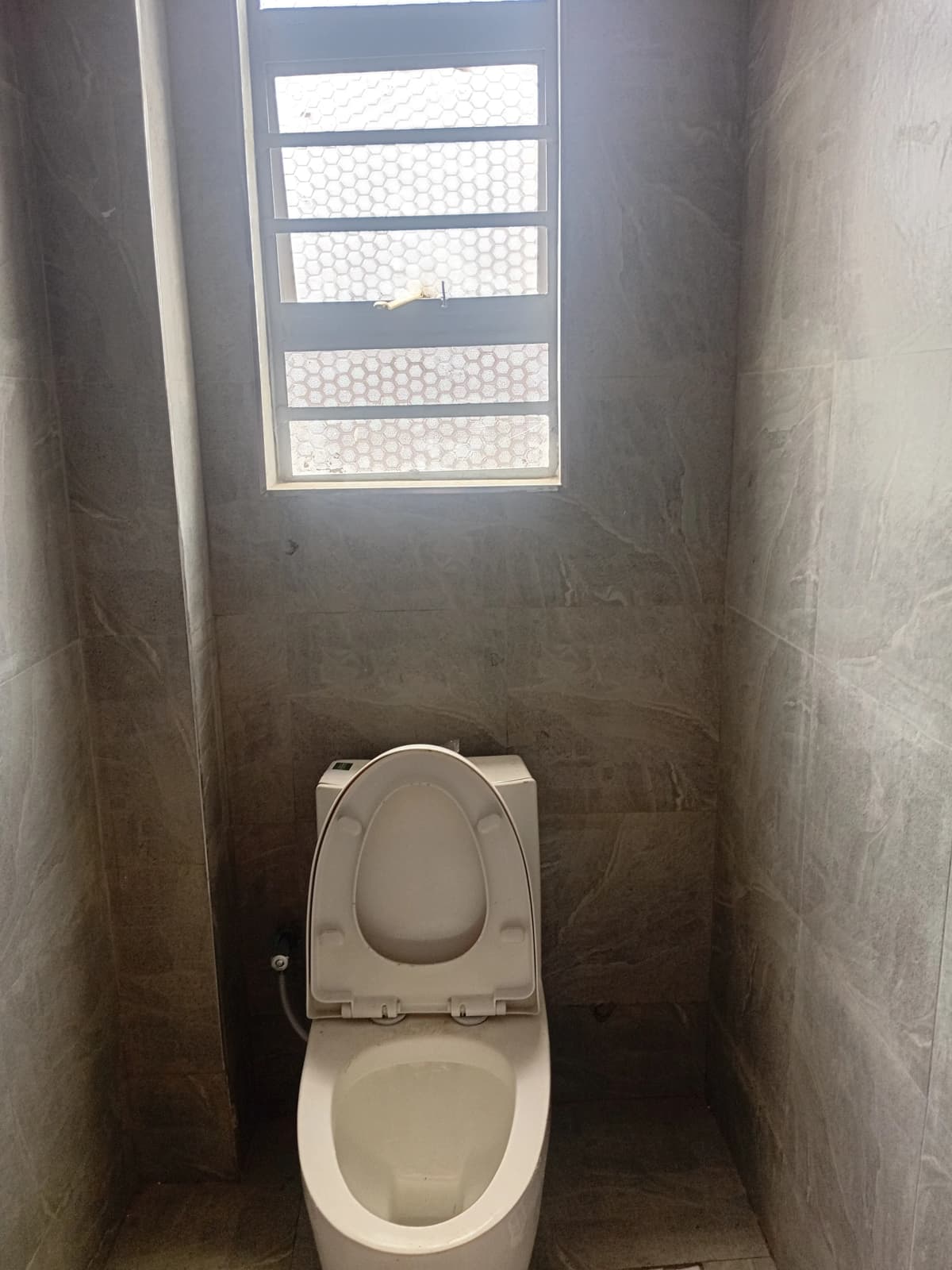 Compact toilet room with high window and white ceramic toilet