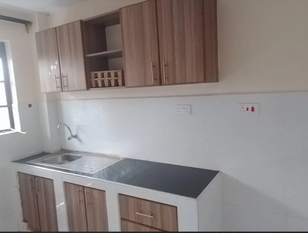 Compact kitchen with wood cabinets and stainless steel sink