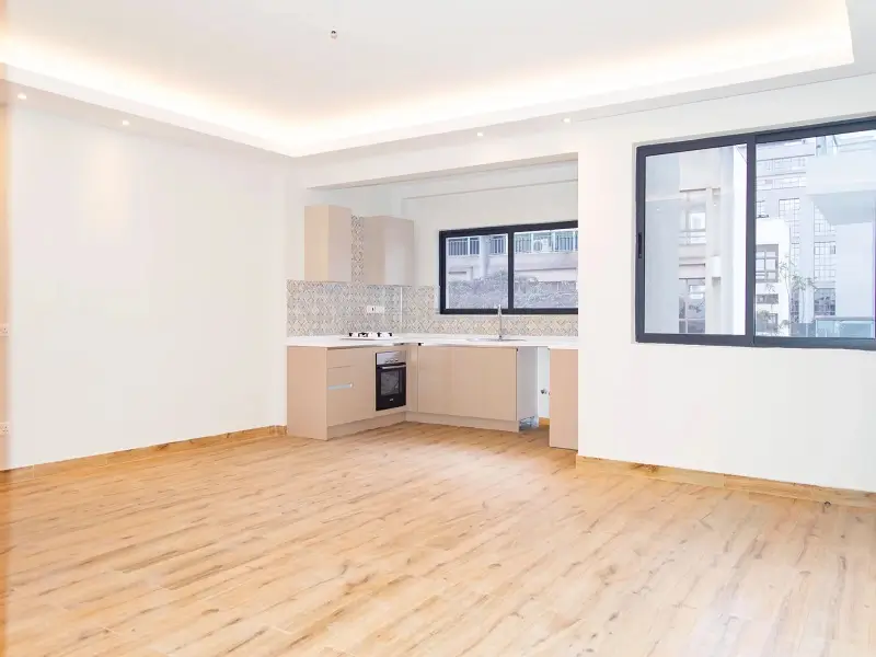 Open-plan kitchen and living area with wooden flooring