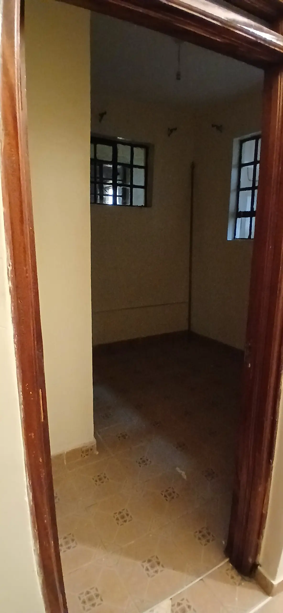 Narrow entrance corridor with wooden door frame