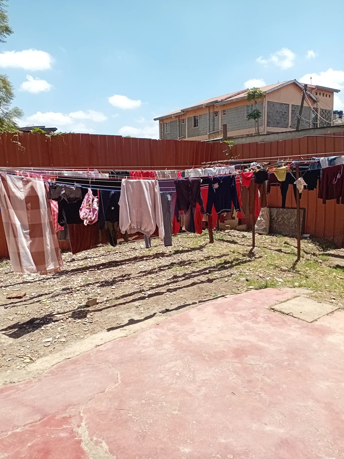 Outdoor laundry drying area with clotheslines and hanging garments