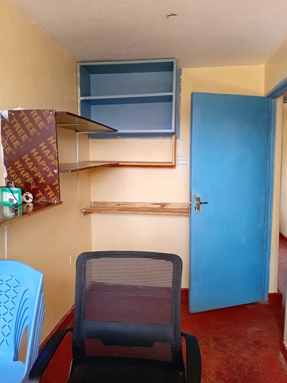 Compact bedroom with built-in shelving and bright blue door