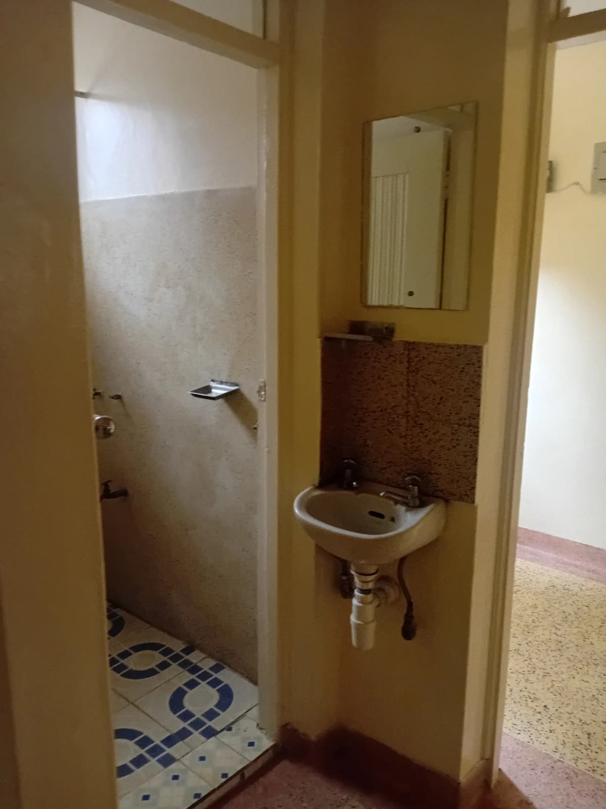 Compact bathroom with shower stall and pedestal sink