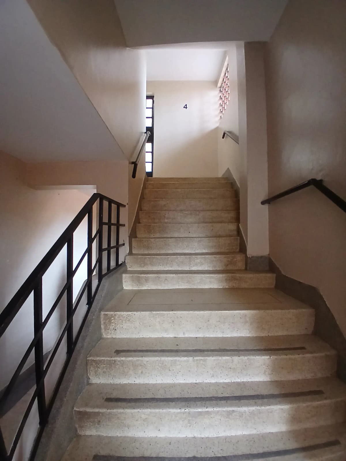 Interior staircase with metal railing and natural light