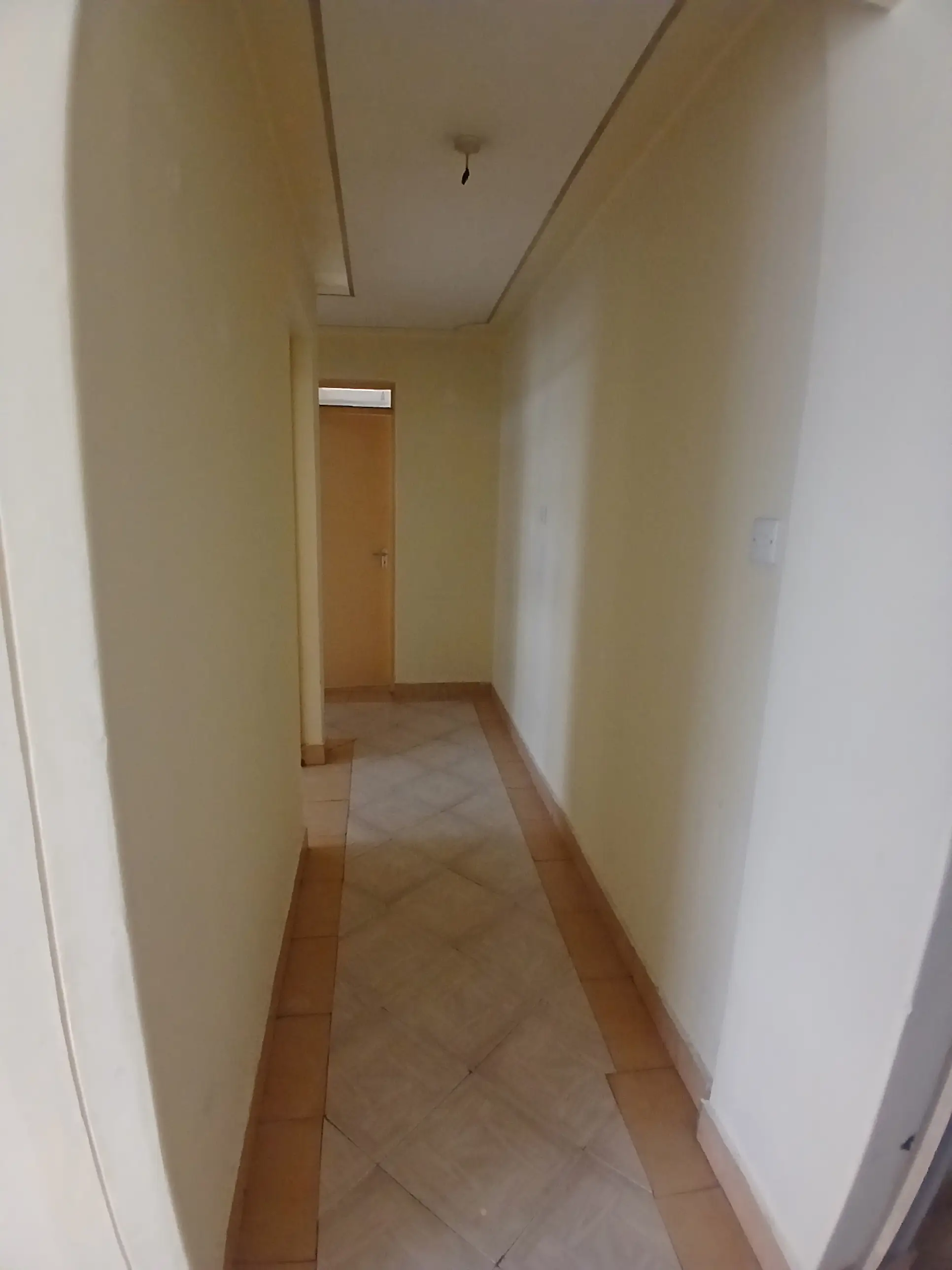 Long narrow hallway with beige walls and terracotta tiles