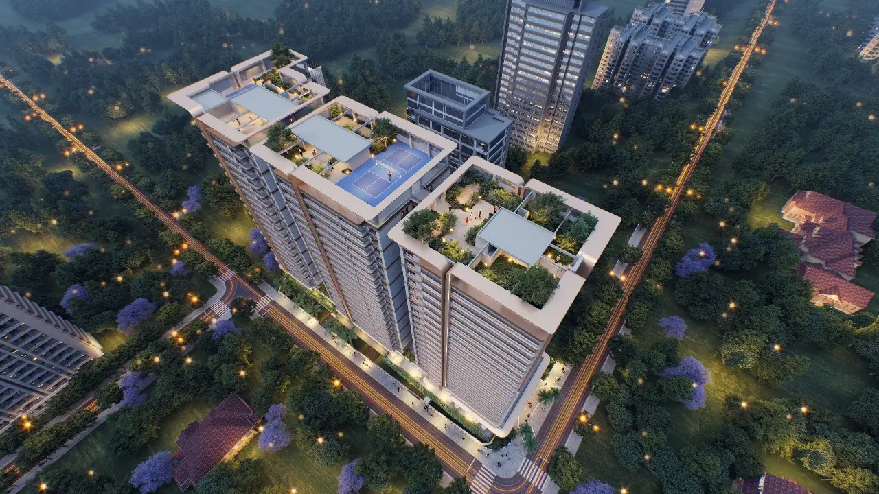 Aerial CGI render of tall residential tower at dusk