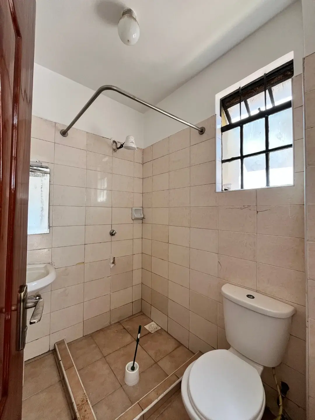 Compact bathroom with walk-in shower, toilet, natural light