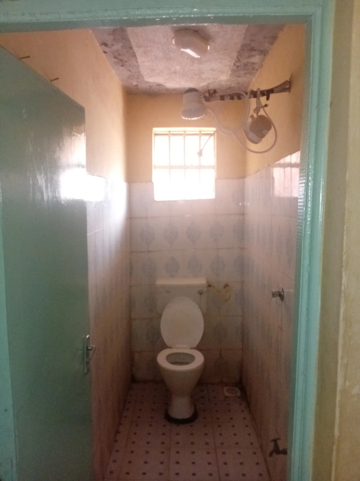 Small bathroom with toilet, window, and shower fixture